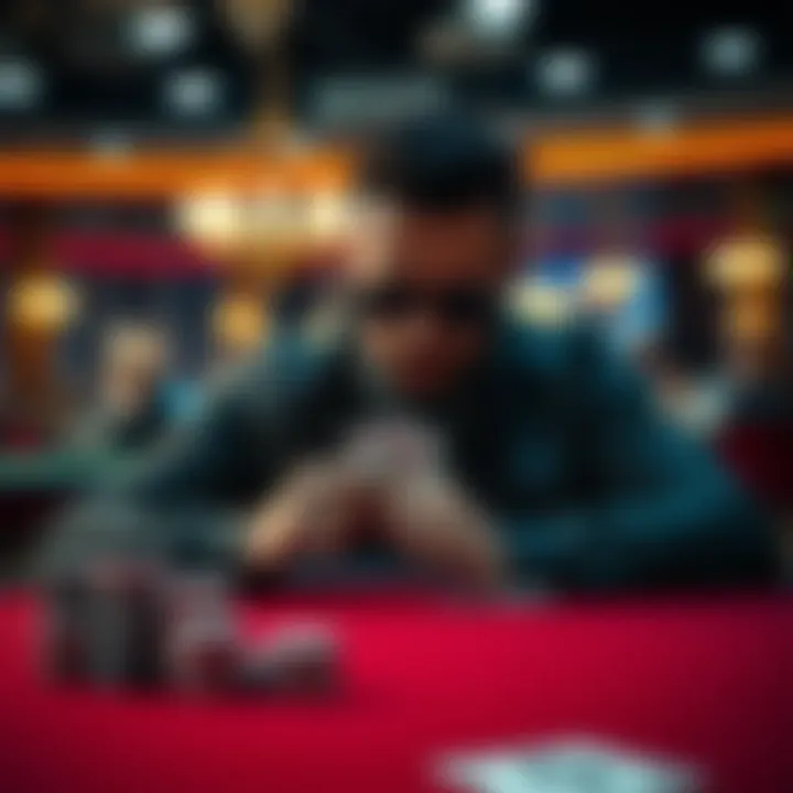 A focused player sitting at a poker table, strategizing while playing cards, with poker chips stacked beside them.