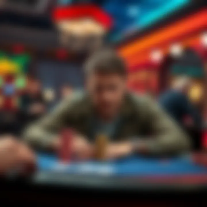 A confident player at a poker table with chips stacked high, looking focused as the game intensifies