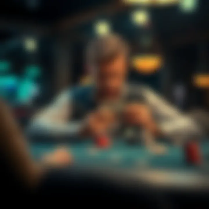 A person sitting at a poker table looking stressed while holding cards, with chips scattered around them, showing the emotional struggle of gambling losses.