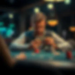 Player at poker table A person sitting at a poker table looking stressed while holding cards, with chips scattered around them, showing the emotional struggle of gambling losses.