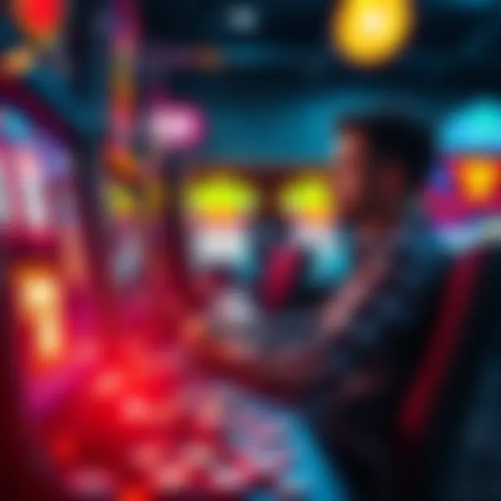 Player at slot machine A person sitting at a slot machine with a focused expression, coins and chips scattered around, showing the thrill and risk of gambling.