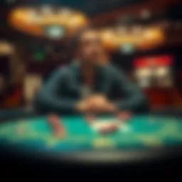 A person sitting at a small gambling table focused on their bets, with chips in front of them showing their strategy for a game.