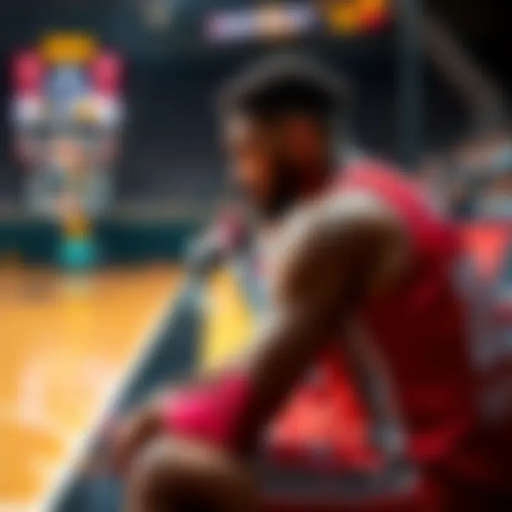 A basketball player sitting on the bench looking disappointed after scoring 18 points in a game, unable to reach 21 points, reflecting on his permanent betting ban.