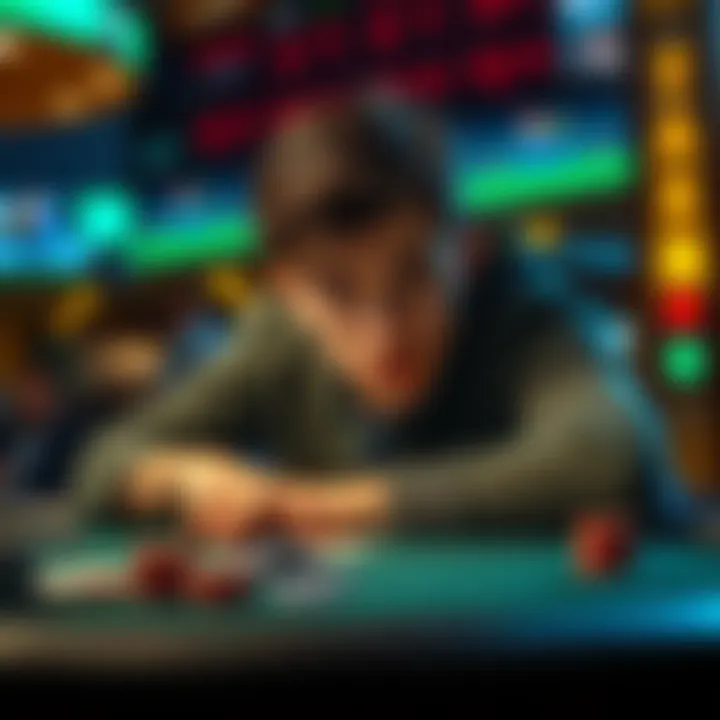 A person looks concerned at a betting table after losing money, with chips and cards in front of them.