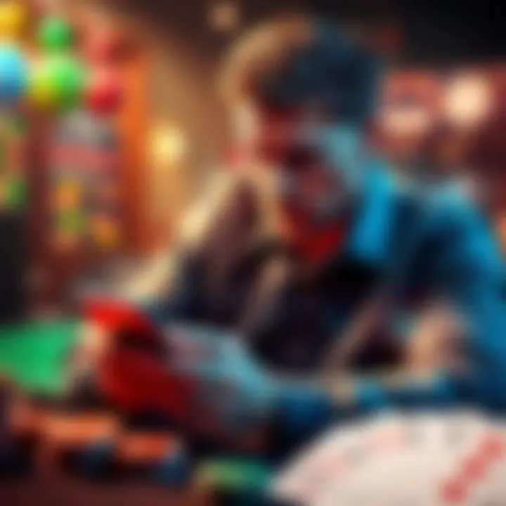 A person checking various betting offers on a mobile device, surrounded by casino elements like chips and cards