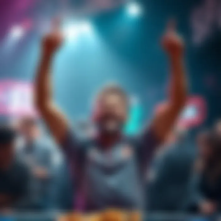 A happy person with arms raised, celebrating after winning a large amount in gambling from a small bet
