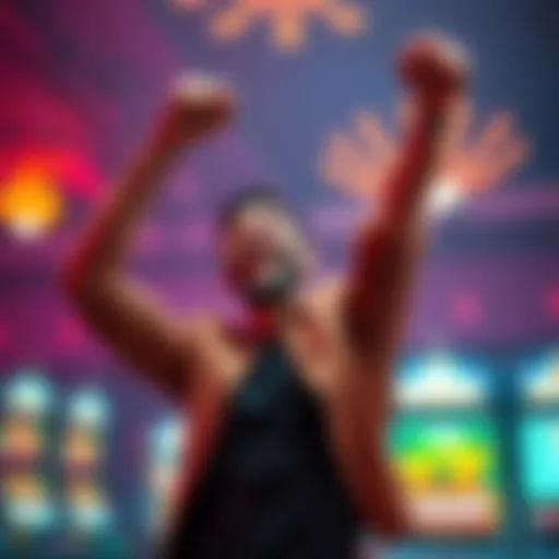 Player celebrating a big win A player joyfully celebrating a huge gambling win with a fist in the air, surrounded by casino lights and slot machines.