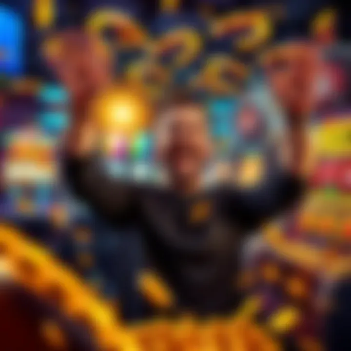 A joyful player celebrating a huge payout at a slot machine, surrounded by lights and coins