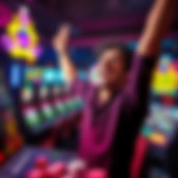 Player celebrating a big win A person joyfully celebrating after winning a large amount of money at a casino game, surrounded by colorful slot machines and dice.