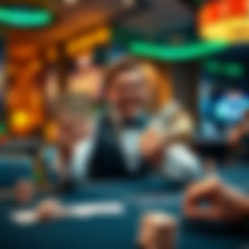 Player celebrating big win A happy player holding a stack of cash and smiling at a blackjack table after winning a large sum.