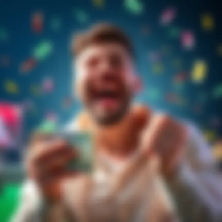 A person joyfully holding cash and smiling, celebrating a recent large win in a game or lottery.