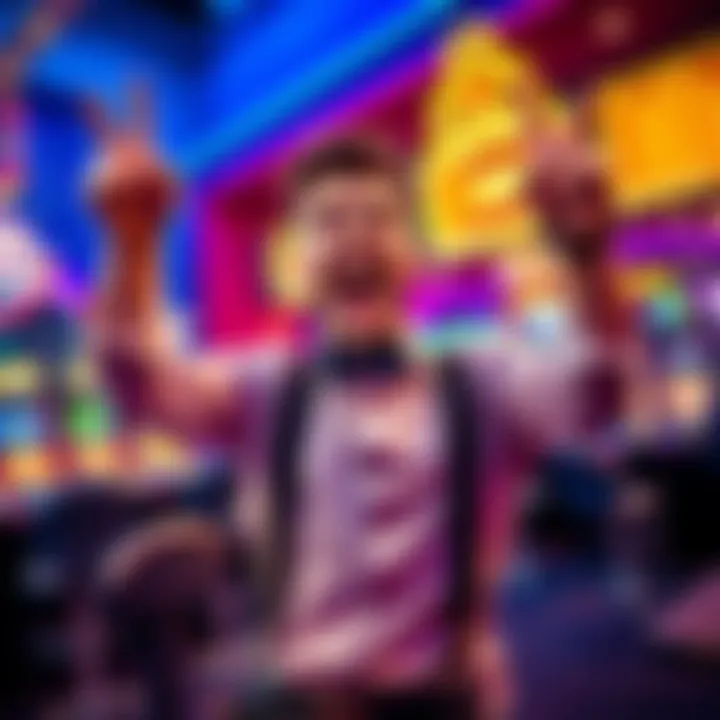 A happy player excitedly celebrating a 10,000 Euro win with five scatter symbols in a casino setting