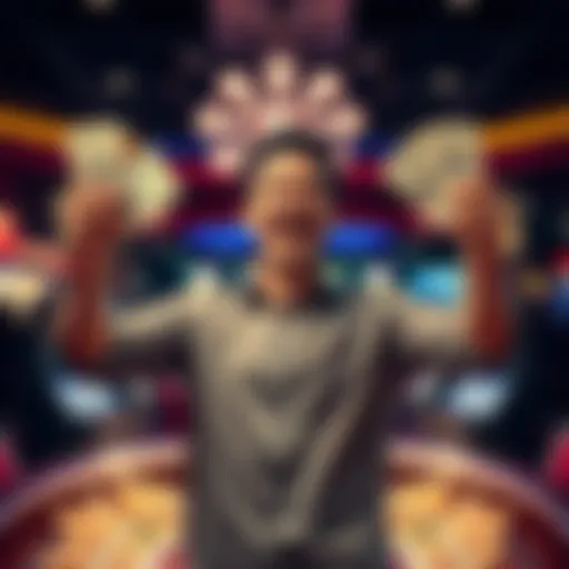 A joyful person celebrating after winning a large amount of money at a casino, holding cash in their hands