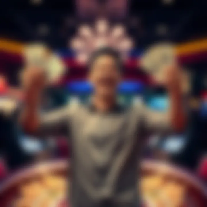 Player celebrating a big win A joyful person celebrating after winning a large amount of money at a casino, holding cash in their hands