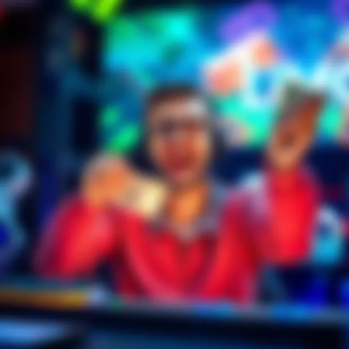 Player celebrating a big win A player joyfully holding up cash after winning in a game, with excitement on their face and a gaming setup in the background