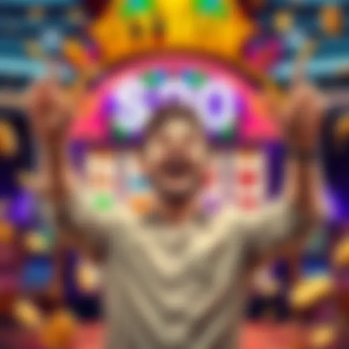A joyful player celebrating a big slot win with hands raised, background shows colorful slot machine and coins