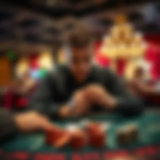 A player at a live blackjack table with focused expression, chips in front of them, and dealer shuffling cards.