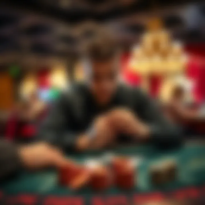 A player at a live blackjack table with focused expression, chips in front of them, and dealer shuffling cards.