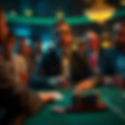 A nervous player at a blackjack table in a casino surrounded by critical onlookers