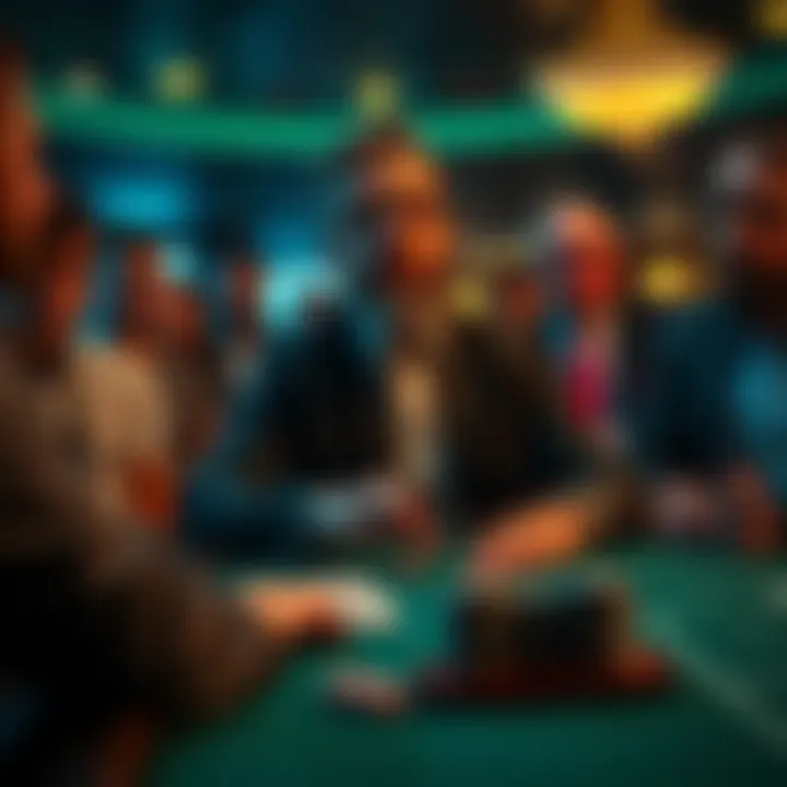 A nervous player at a blackjack table in a casino surrounded by critical onlookers