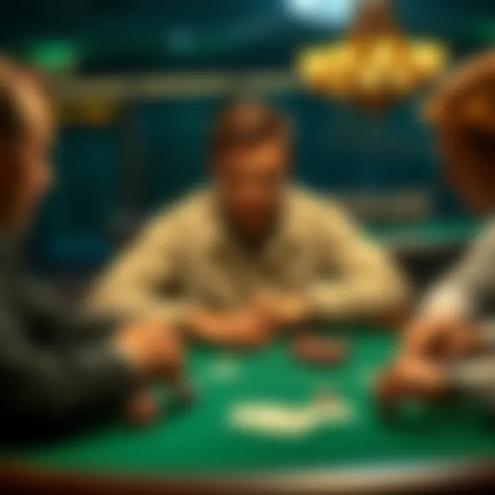 Player Bluffing at Poker Table A player confidently bluffs at the poker table, causing tension among opponents with two players calling and one folding a strong hand.
