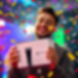 Player buys PS5 for nephew A joyful player holding a PS5 box with a big smile, surrounded by colorful confetti, celebrating their Keno winnings.