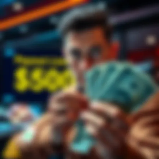 A player holding cash with a concerned look at a computer screen showing Spinpals payout limit of $500
