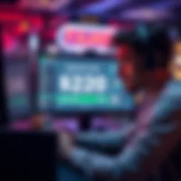 A frustrated player sitting at a computer with cash winnings displayed on the screen, showing a $20 total from a 25-cent freebie, surrounded by poker chips.