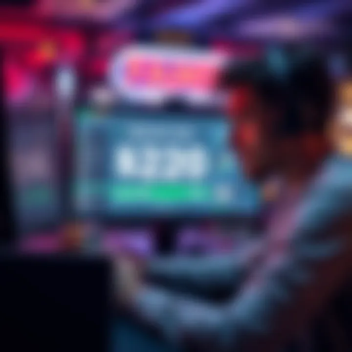 Player with Cash Winnings A frustrated player sitting at a computer with cash winnings displayed on the screen, showing a $20 total from a 25-cent freebie, surrounded by poker chips.