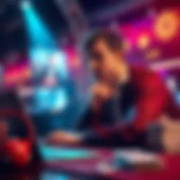 Player contemplating cashout decision A player looks thoughtful while considering whether to cash out or wait for game results, with a laptop and stack of cash nearby.