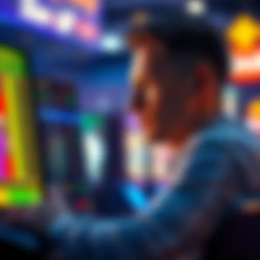 A focused player looking at a screen with game statistics, contemplating whether to cash out their winnings.