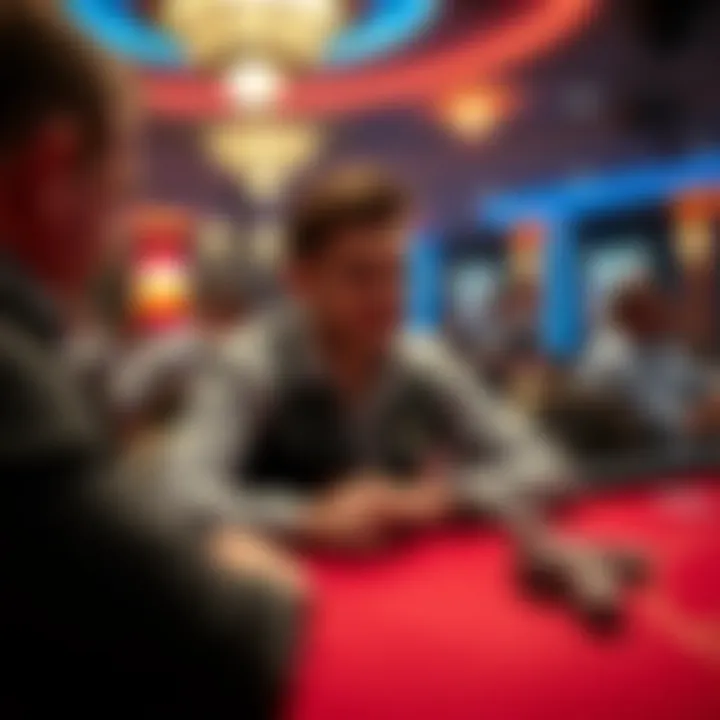 A player sits at a casino table with poker chips, celebrating a win after returning to the casino with a bonus. The atmosphere is lively, with other players around.