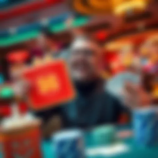 A happy player holding a large prize at a casino, surrounded by colorful cards and chips, expressing excitement after a big win