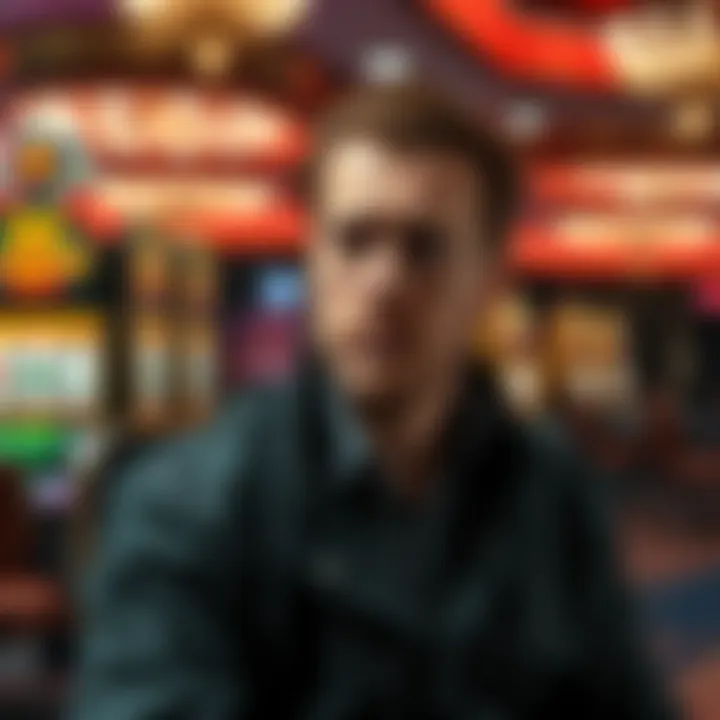 A player withdrawing money at a casino, looking frustrated and lost in thought, with slot machines in the background