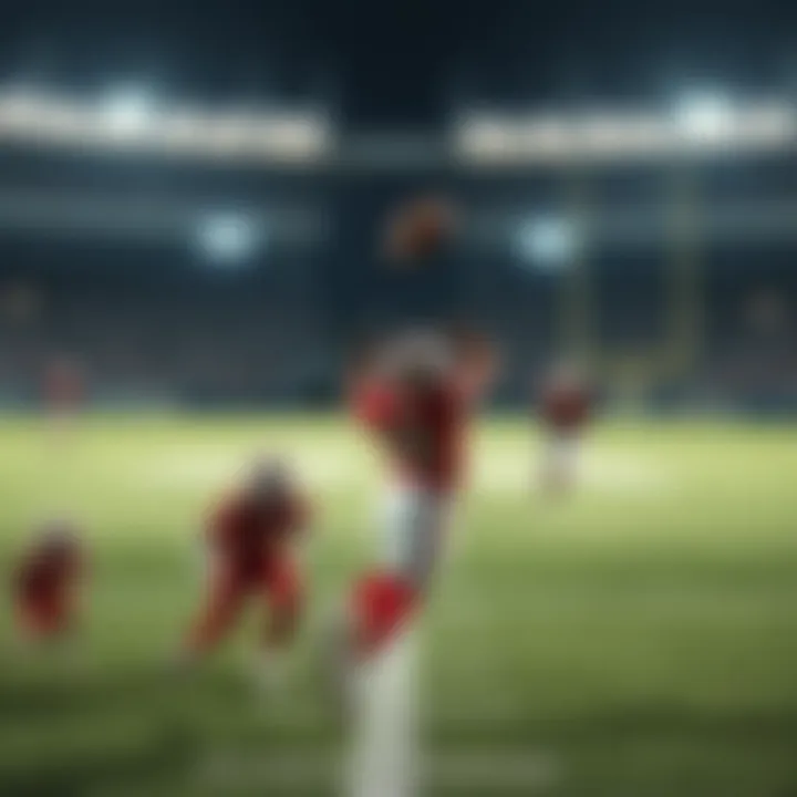 A football player makes a crucial catch while teammates and opponents watch intently on the field
