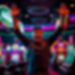 Player celebrating a big win A joyful player with arms raised in celebration after winning a large jackpot in a casino game, surrounded by colorful lights and slot machine graphics.