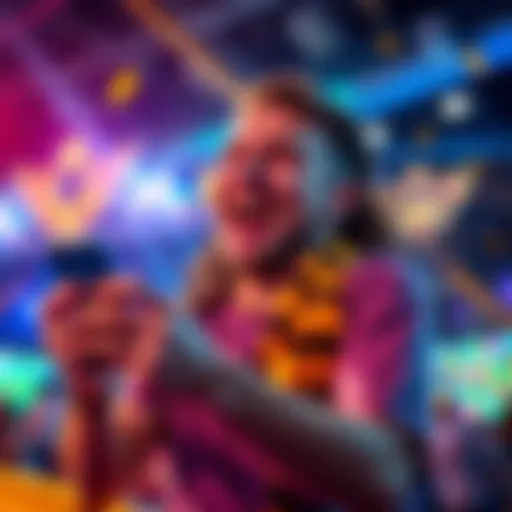 A happy player celebrating a 20x win while holding a smartphone, with a vibrant background showing excitement and energy.