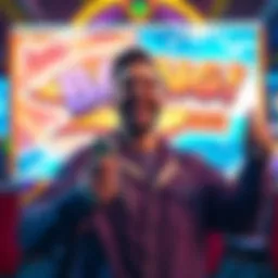 A joyful player holding gaming tokens after winning a jackpot in Fist of Destruction BANG! 2kx, with a bright screen in the background showing the game logo.