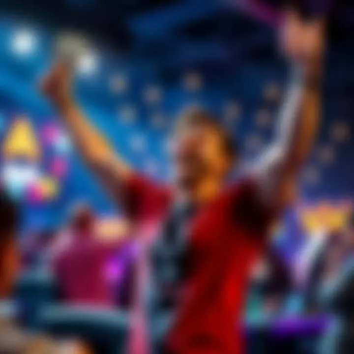 Player Celebrating Big Win A happy player celebrating their biggest win on a gaming platform, with arms raised in excitement and cash in hand.