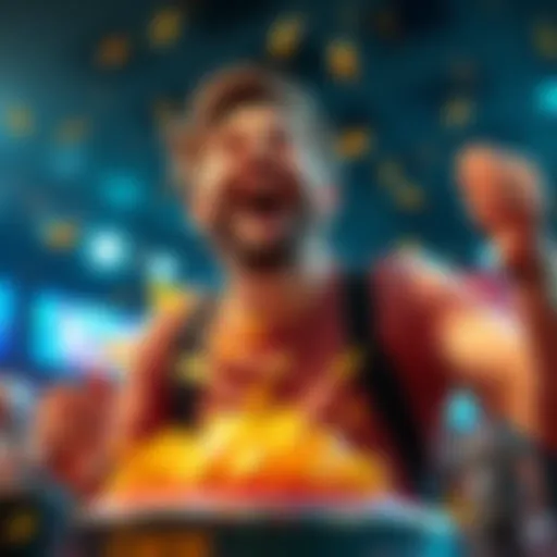 A player is joyfully celebrating after winning big in a game, showing excitement and happiness.
