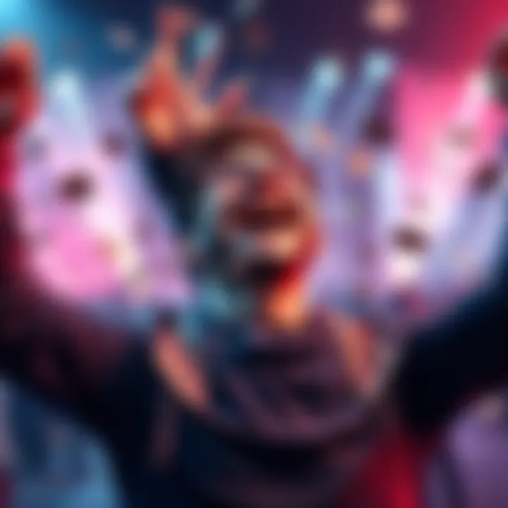 Player celebrating bonus A person joyfully celebrating after receiving a 7% bonus from Stake, with money and gaming elements in the background.