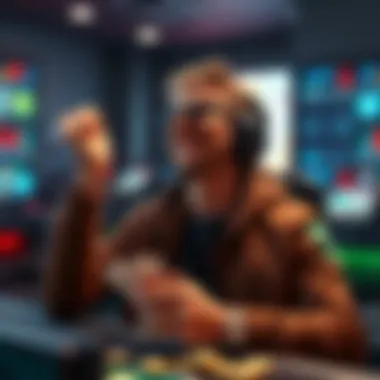 A player in a gaming room, looking excited while holding cash after reaching a gaming level, symbolizing bonuses