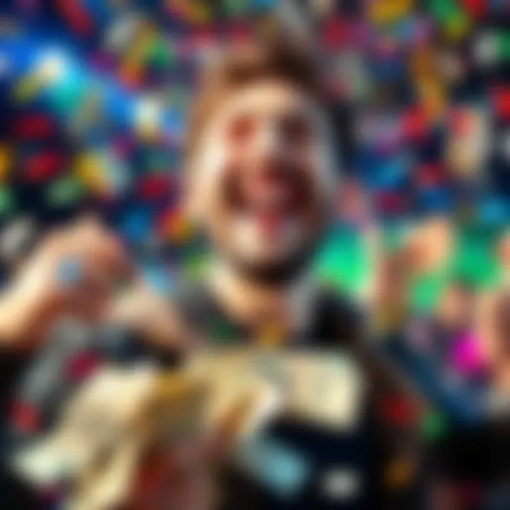 A person joyfully celebrating a significant bonus win with a big smile, surrounded by colorful confetti and cash, showing excitement and happiness