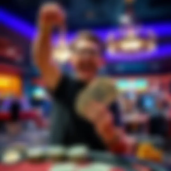 A player joyfully holding a stack of cash in a casino after winning multiple times.