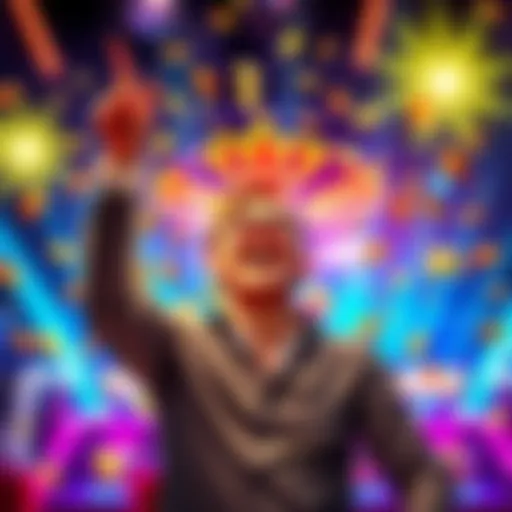 A person joyfully celebrating their big win at a Crystal Flip game, surrounded by colorful lights and coins falling around them