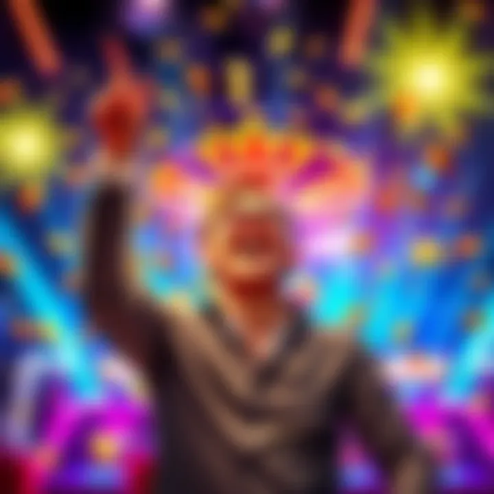 A person joyfully celebrating their big win at a Crystal Flip game, surrounded by colorful lights and coins falling around them