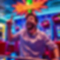 A player joyfully celebrating a big win at the Densho game with a bright background and colorful graphics.