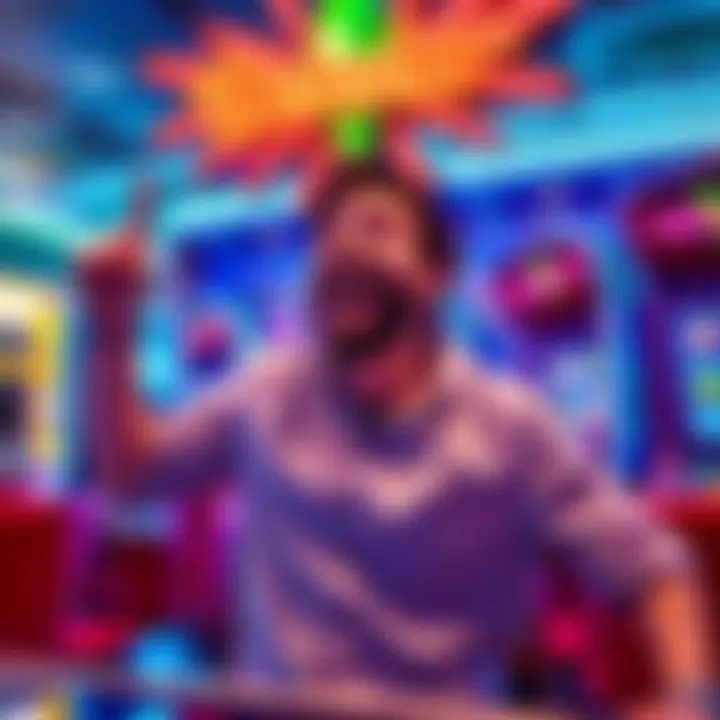 A player joyfully celebrating a big win at the Densho game with a bright background and colorful graphics.