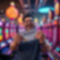 Player celebrating a jackpot win A happy player with a big smile holding a winning ticket, surrounded by colorful slot machines and lights