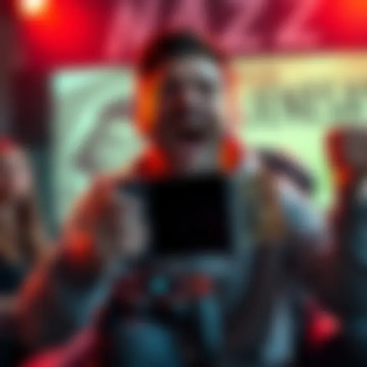 A player joyfully holds cash and displays a gaming console, symbolizing success in gaming and financial gains